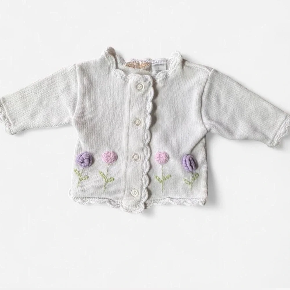 Vintage Celebrity Kids Baby Girl White Knit Cardigan Floral Embroidered 3 months - Picture 1 of 7